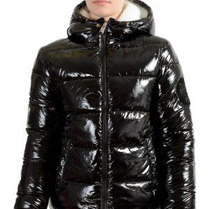 Plein Sport Women's Black Hooded Reversible Sherpa Logo Print Parka Jacket